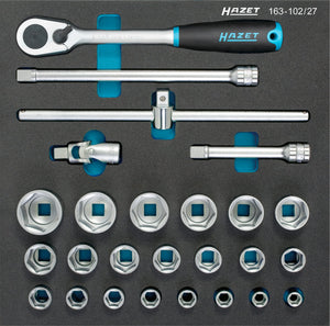 HAZET Socket set 163-102/27 ∙ Square, hollow 12.5 mm (1/2 inch) ∙ Outside hexagon Traction profile ∙ Number of tools: 26