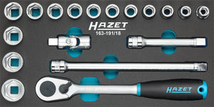 HAZET Socket set 163-191/18 ∙ Square, hollow 12.5 mm (1/2 inch) ∙ Outside hexagon Traction profile ∙ Number of tools: 18