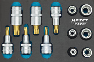 HAZET Tool set ∙ TORX® 163-245/12 ∙ Square, hollow 12.5 mm (1/2 inch) ∙ Outside TORX® profile, Inside TORX® profile ∙∙ E 10 – E 20 ∙ T 30 – T 60 ∙ Number of tools: 12