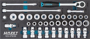HAZET Socket set 163-379/38 ∙ Square, hollow 10 mm (3/8 inch) ∙ Outside 12-point traction profile, Outside hexagon Traction profile ∙ Number of tools: 38