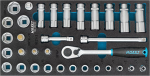 HAZET Socket set ∙ Inside square (Robertson) 10 = 3/8" ∙ 33 pieces 163-483/33 ∙ Square, hollow 10 mm (3/8 inch) ∙ Outside hexagon Traction profile, Inside hexagon profile ∙ Number of tools: 33