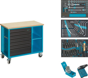 HAZET Mobile work bench with assortment 177W-7/169 ∙ Drawers, flat: 6 x 79 x 527 x 348 mm ∙ Drawers, high: 1 x 164 x 527 x 348 mm ∙ Number of tools: 169