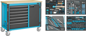 HAZET Mobile work bench 179NW-7/230 ∙ Drawers, flat: 6 x 81 x 522 x 398 mm ∙ Drawers, high: 1 x 166 x 522 x 398 mm ∙ Number of tools: 230