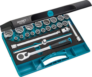 HAZET Socket set 900AZ ∙ Square, hollow 12.5 mm (1/2 inch) ∙ Outside 12-point traction profile ∙ Number of tools: 23