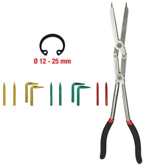 Double joint securing pliers for internal retaining rings with replaceable tops