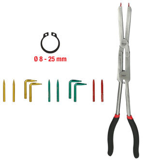 Double joint securing pliers for external retaining rings with replaceable tops
