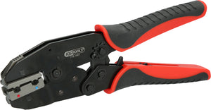 Crimp pliers for insulated angled flat plug receptacles